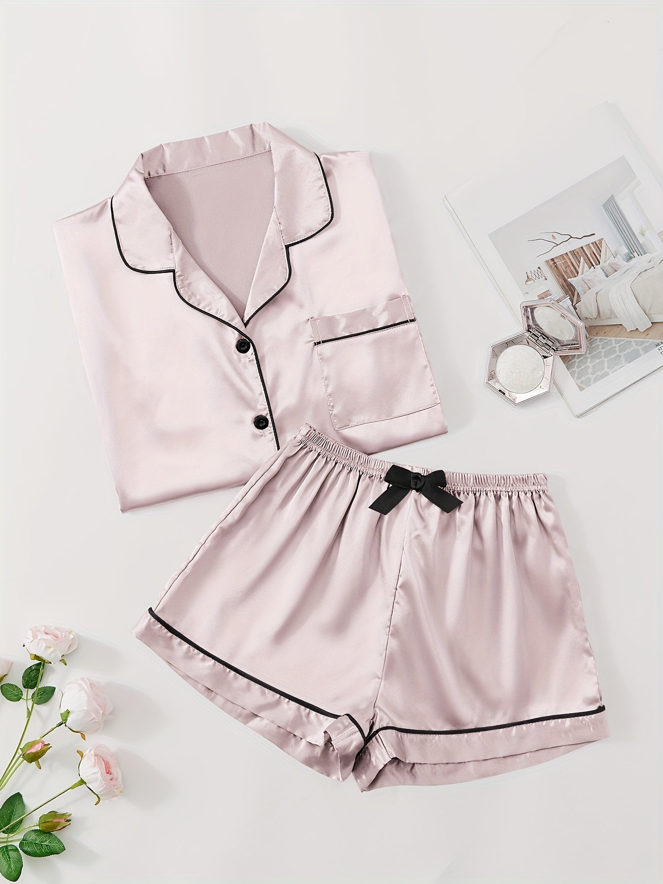 Satin Pajamas Set Short Sleeve Top & Shorts