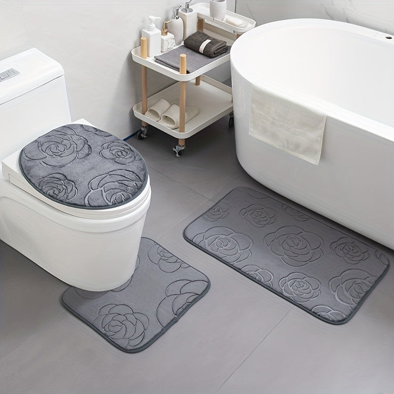 3pcs Soft Non Slip Bathroom Pads U Shaped Contour Mats & Toilet Covers