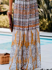 Colorblock Floral Print Boho Skirt High Rise Stretch