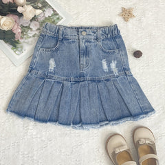 Girls Pleated Elastic Waist Denim Skirt 8-11 Years