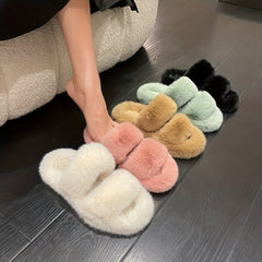Fluffy Two Bands Slippers Solid Open Toe Slip On Plush Shoes Cozy & Warm