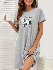 Cartoon Cow Pattern Lounge Dress Soft & Comfy Short Sleeve Home Dress