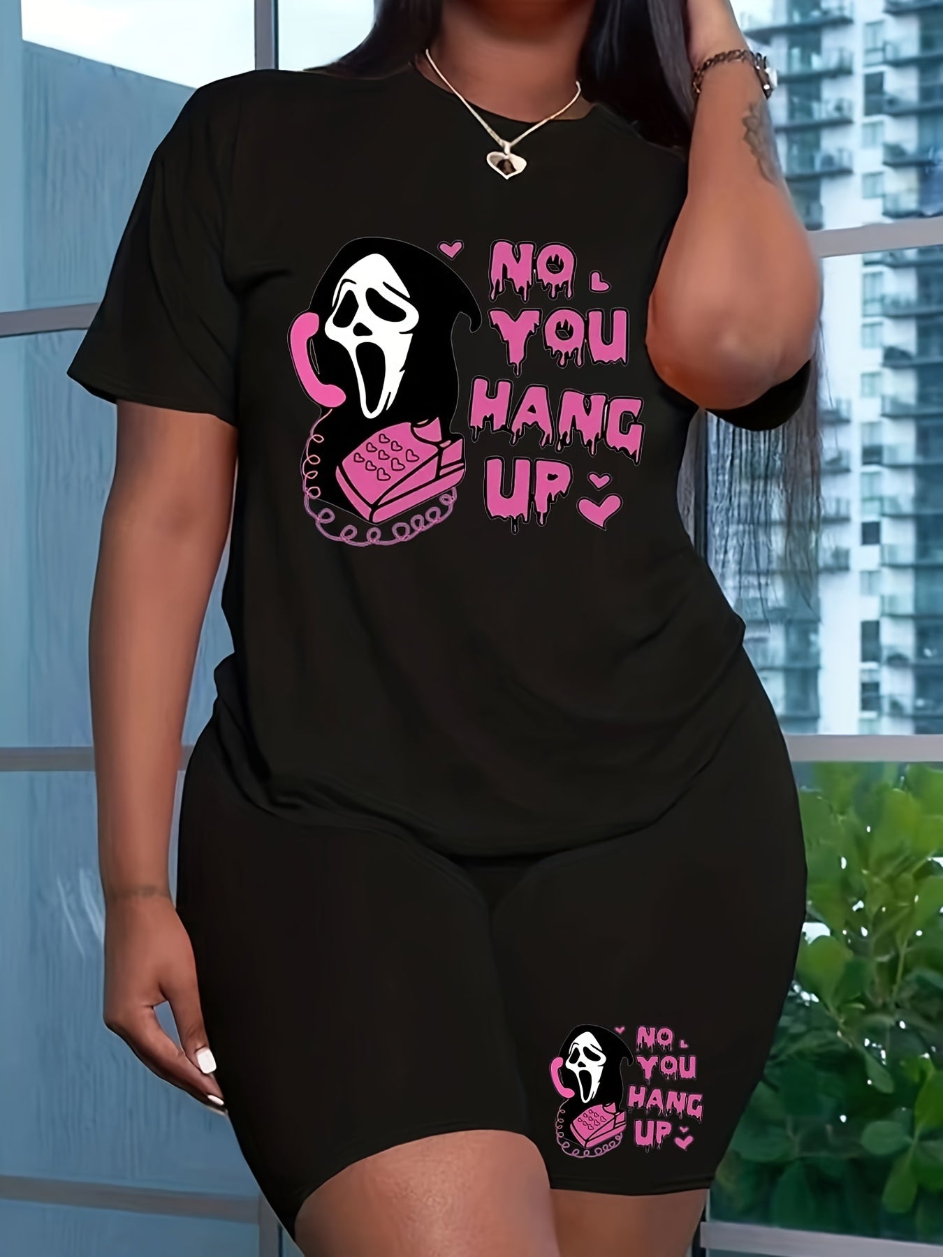 No You Hang Up Print 2pcs Set Short Sleeve T Shirt & Shorts