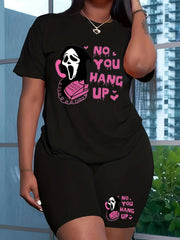 No You Hang Up Print 2pcs Set Short Sleeve T Shirt & Shorts