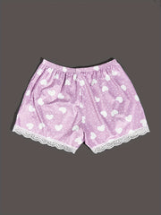 Heart Print Sleep Bottoms & Lace Trim Elastic Waistband Shorts