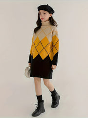Girls 95 Cotton Diamond Pattern Long Sleeve Knitwear Kids Clothes Gift