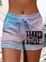 Smile & Letter Print Drawstring Shorts Women's Clothing