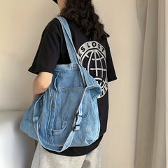 Vintage Denim Tote Bag Crossbody Handbag for School Work Travel