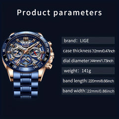 LIGE Waterproof Boys Watch Business Sports Quartz Chronograph Wristwatch