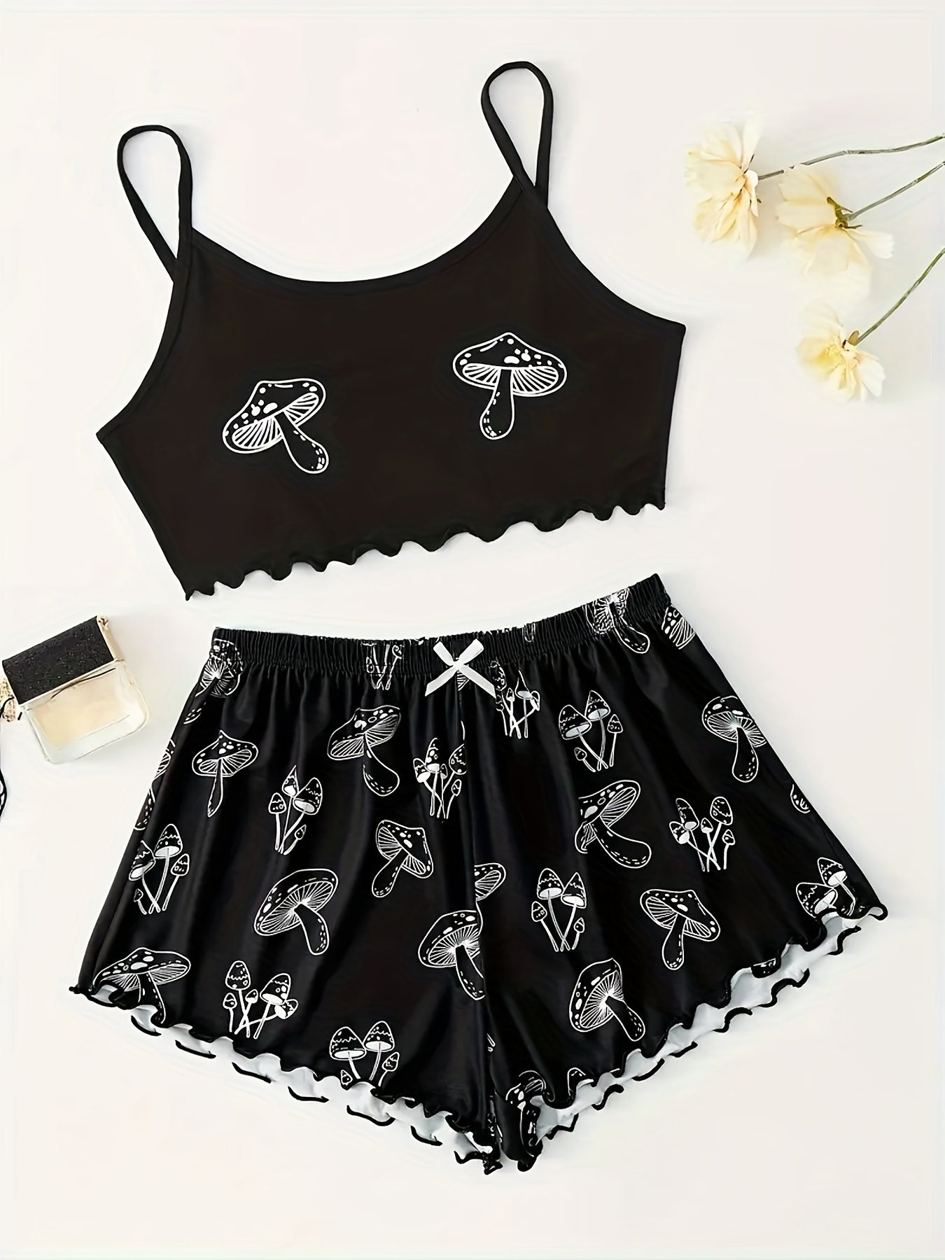 Mushroom Print Lounge Set Sleeveless Cami Crop Top & Bow Elastic Shorts