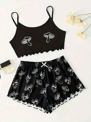 Mushroom Print Lounge Set Sleeveless Cami Crop Top & Bow Elastic Shorts