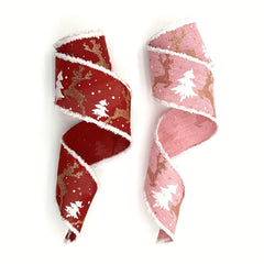 4.57m Pink Christmas Tree Burlap Ribbon with Wired Edge, Elk and Snowflake