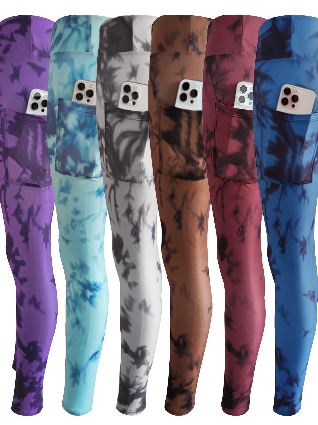 6Pcs Tie Dye Yoga Pants Tummy Control With Pocket Athletic Leggings Women