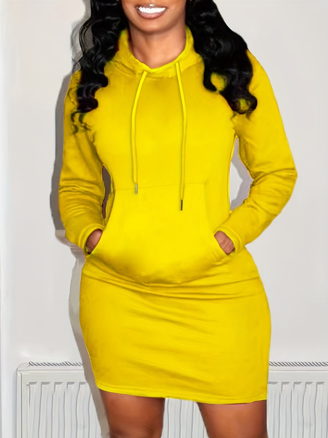 Women's Drawstring Long Sleeve Active Dress Solid Hooded Dress