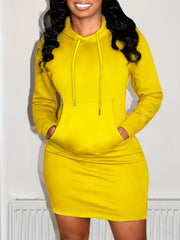 Women's Drawstring Long Sleeve Active Dress Solid Hooded Dress