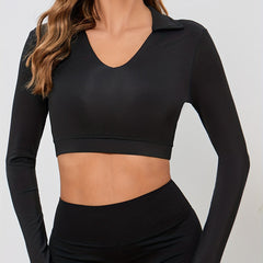 Long Sleeve Yoga Crop Top V Neck Workout Athletic Top