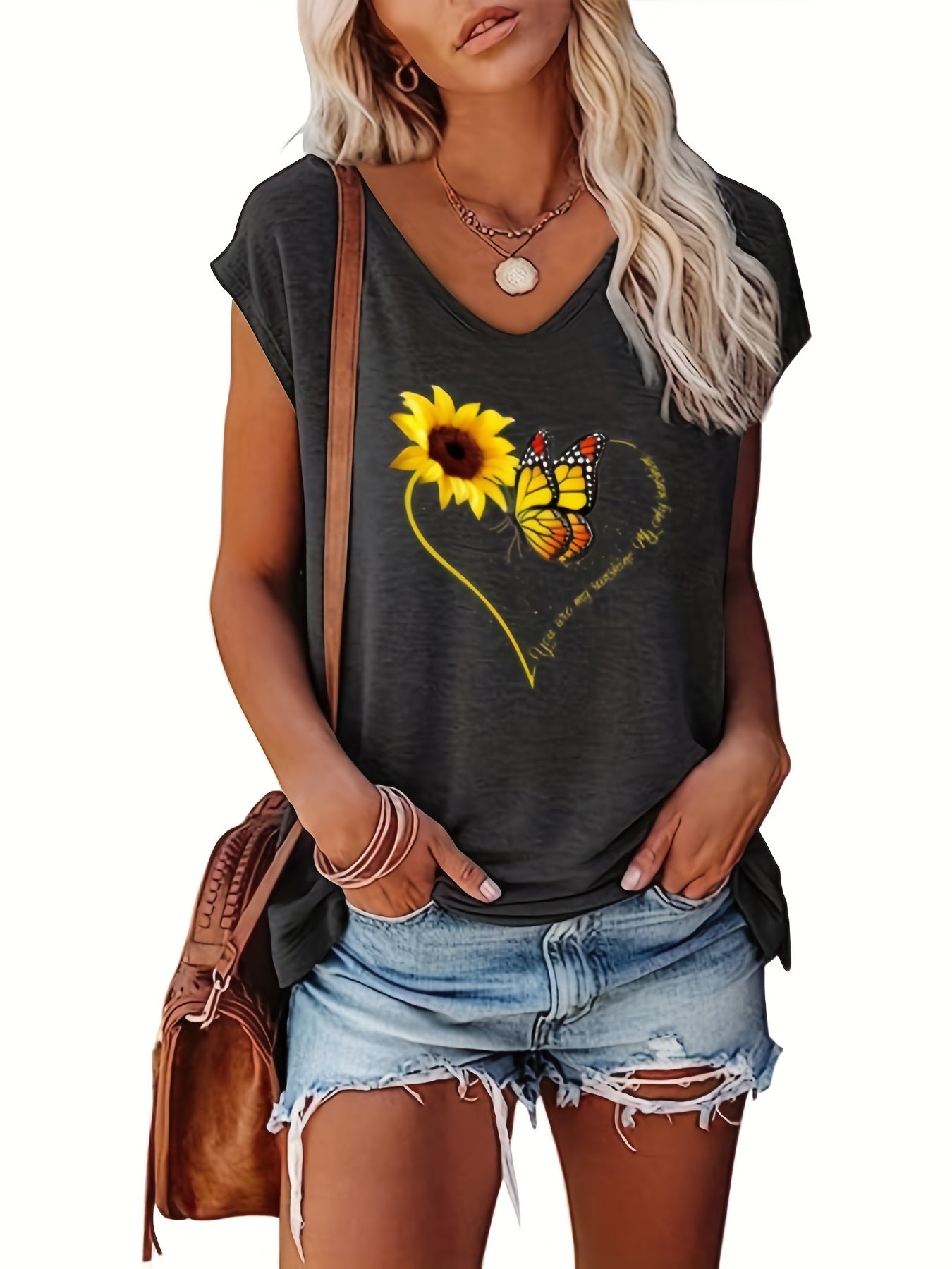 Sunflower & Butterfly Print Cap Sleeve Top V Neck Summer Top
