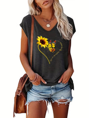 Sunflower & Butterfly Print Cap Sleeve Top V Neck Summer Top