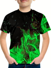 Boy's 3D Green Flame Graphic T Shirt Casual Loose Tee for Summer