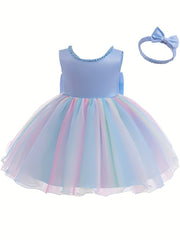 Adorable Toddler Gala Dress with Big Bow and Colorful Mesh Back