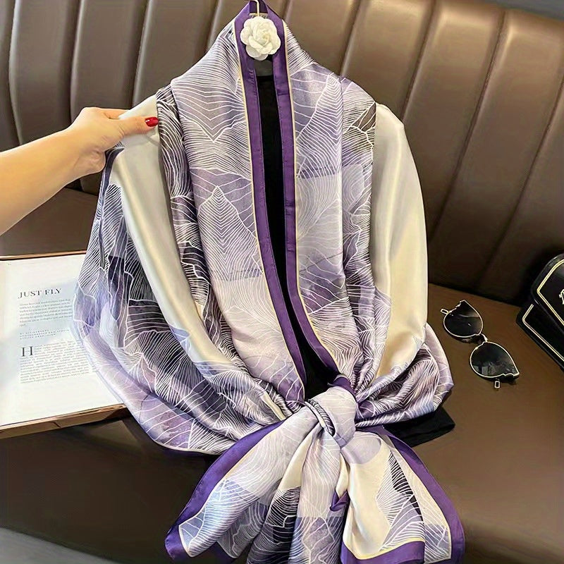 Purple Flower Print Satin Scarf Silk Shawl Large Sunscreen Head Wraps
