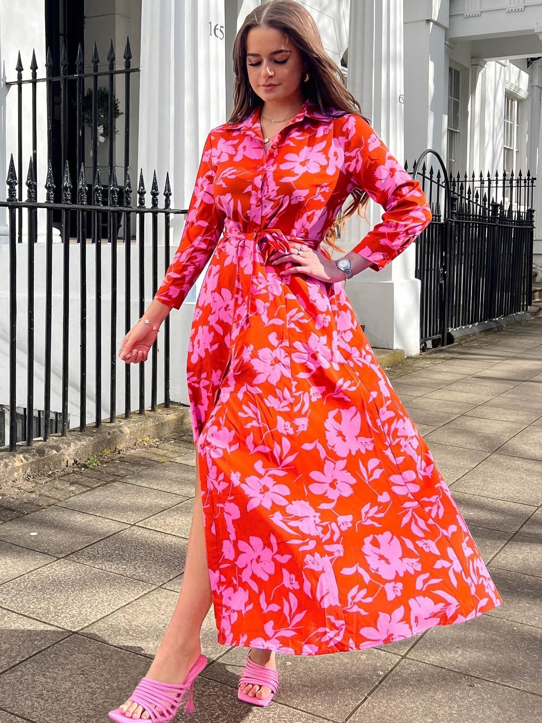 Floral Print Button Up Long Sleeve A-line Dress With Belt