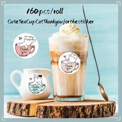 160pcs Coffee Cup Cat Thank You Stickers Office Stationery Gift Label Sealing