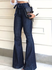 High Stretch Navy Flared Jeans With Waistband Bell Bottom Wide Legs Denim Pants