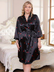 Heart Print Silk Satin Robe Long Sleeve Nightgown