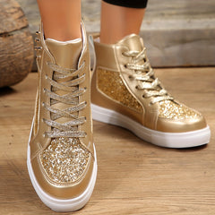High Top Glitter Skate Shoes Sequins Decor Faux Leather Sneakers