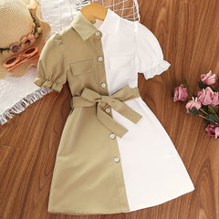 Girls Causal Block Puff Sleeve Button Down Lapel Dress With Belt