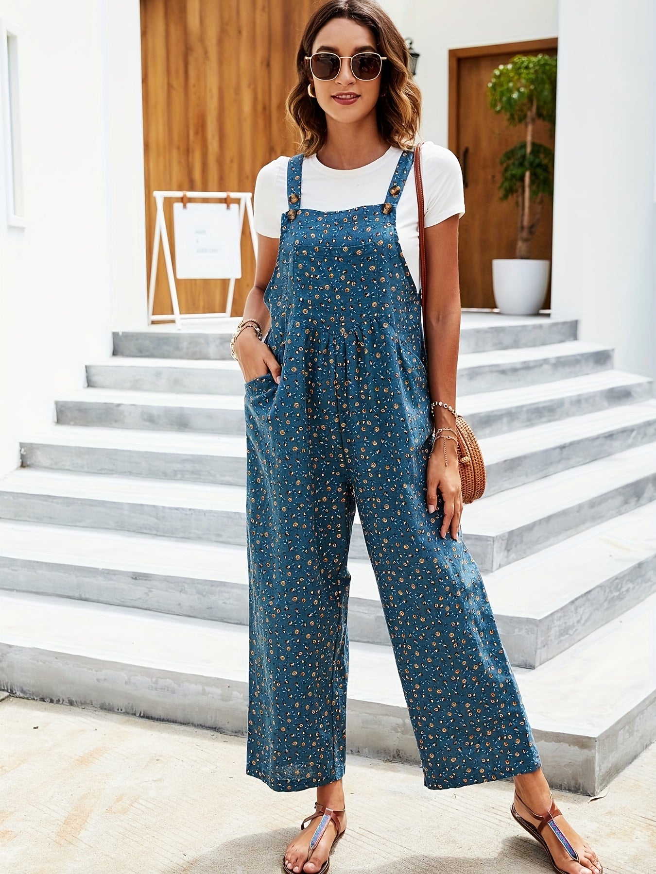 Floral Print Wide Leg Jumpsuit With Pockets