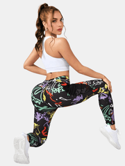 High Rise Graffiti Print Sports Leggings