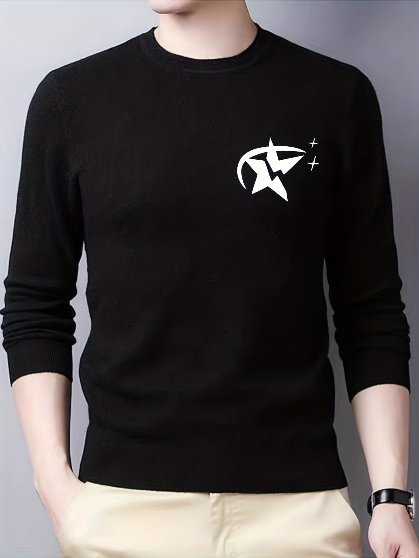 Star Pattern Knitted Sweater Men's Casual Warm Crew Neck Pullover
