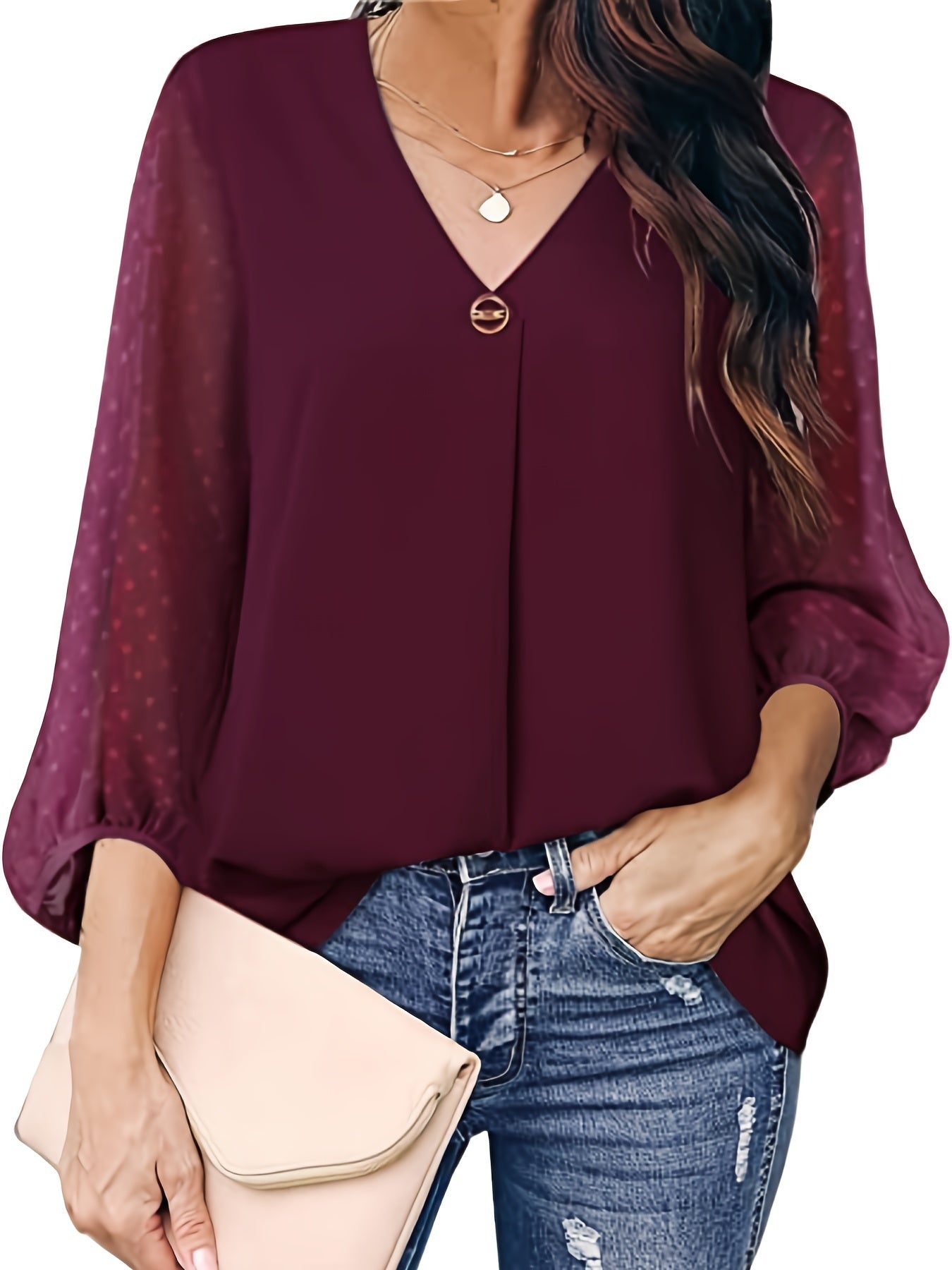 V Neck Loose Blouses Casual Mesh Stitching Dot Pom Poms 3/4 Sleeve Tops