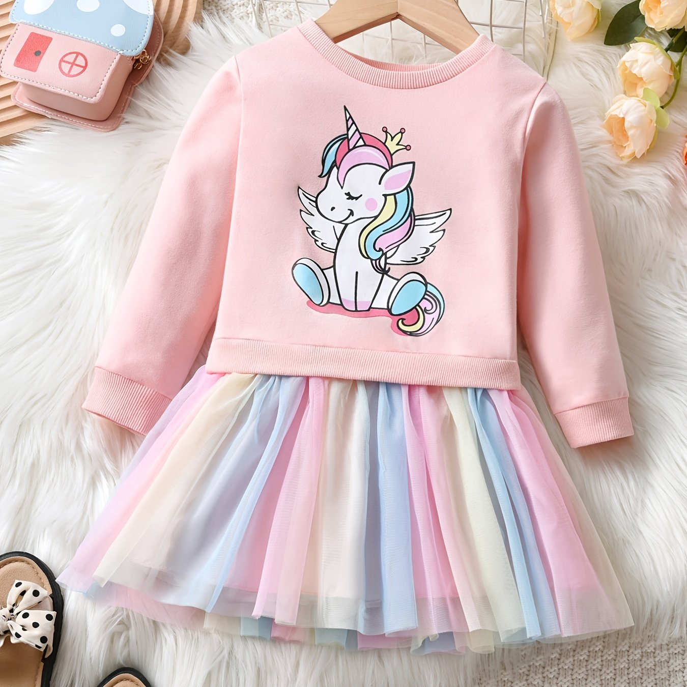 Girls Unicorn Long Sleeve Tutu Dress Tulle Stitching Casual Dress