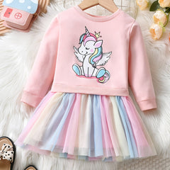 Girls Unicorn Long Sleeve Tutu Dress Tulle Stitching Casual Dress