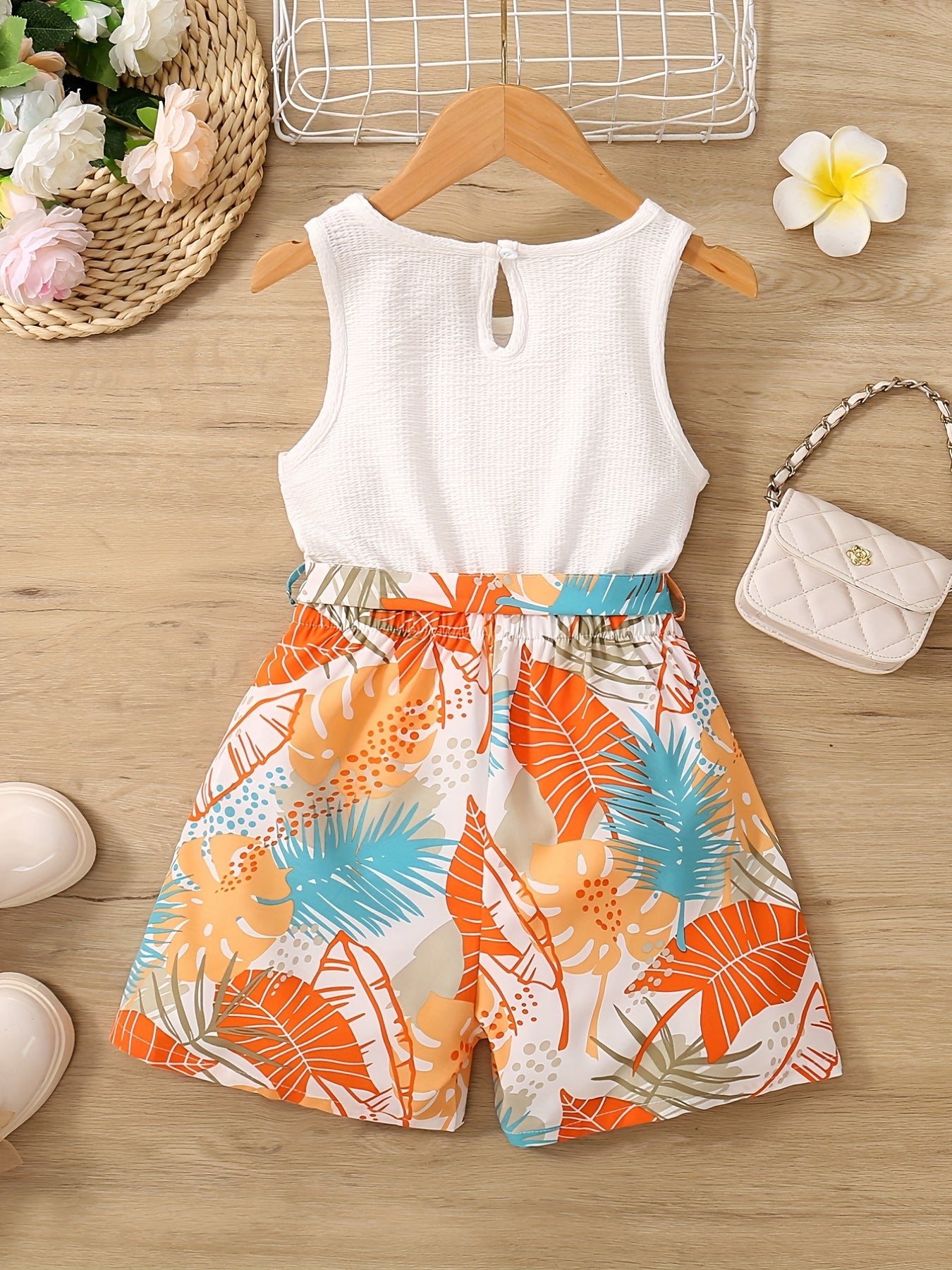 Girls Plants Sleeveless Rompers Jumpsuits For Beach Vacation