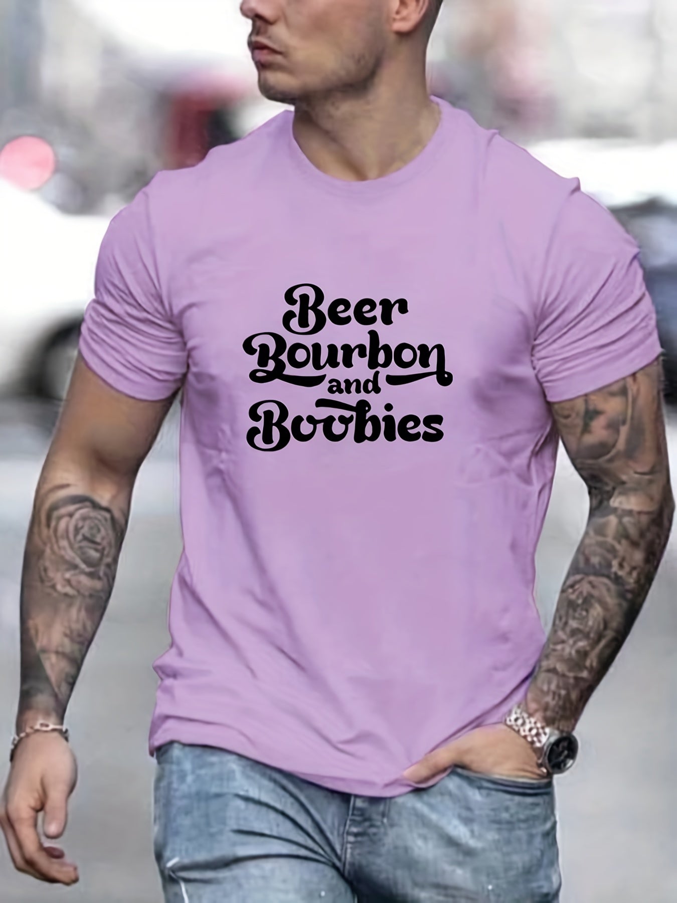 Men's Beer & Bourbon Print T shirt Casual Slightly Stretch Breathable Tee