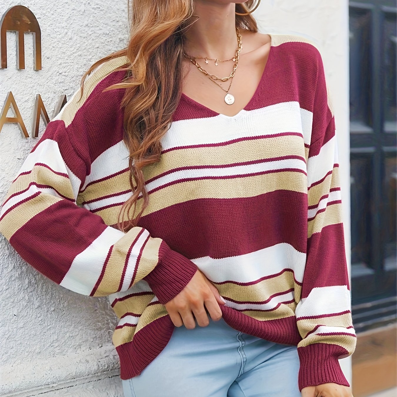 Colorblock Stripe V Neck Jumper
