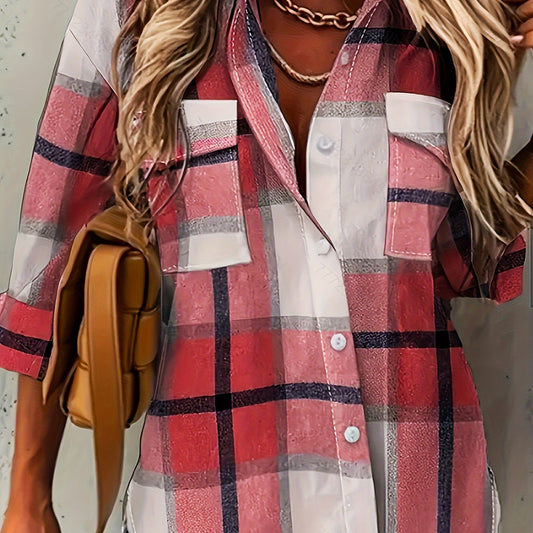Plaid Print Long Sleeve Button Up Collar Shirt Top