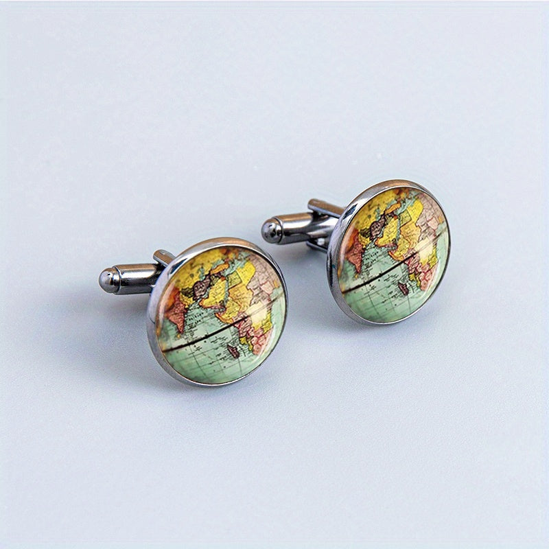 Retro Style World Map Cufflinks Glass Alloy Material