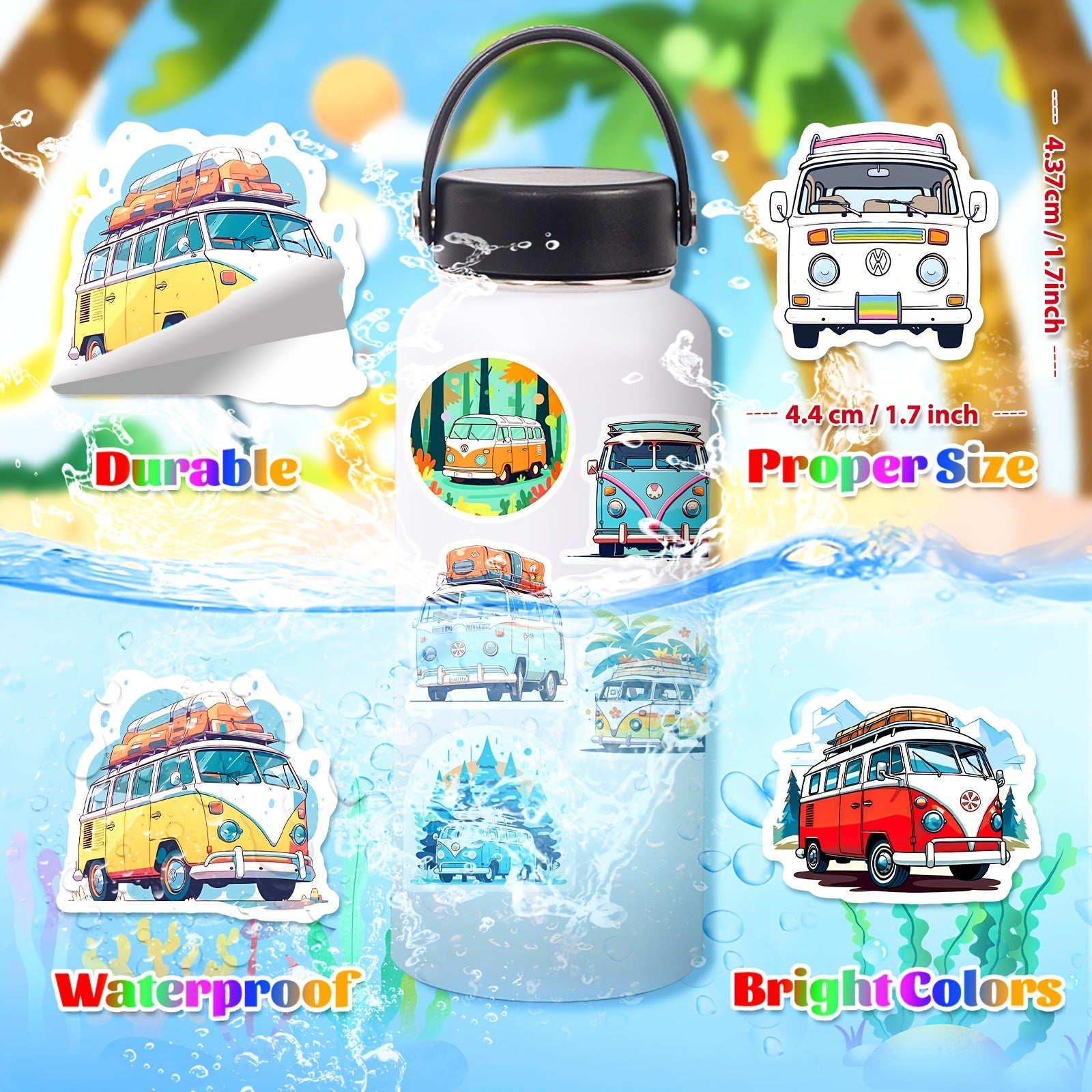 50pcs Cartoon Bus Stickers Waterproof Vinyl Stickers - Laptop Water Bottles