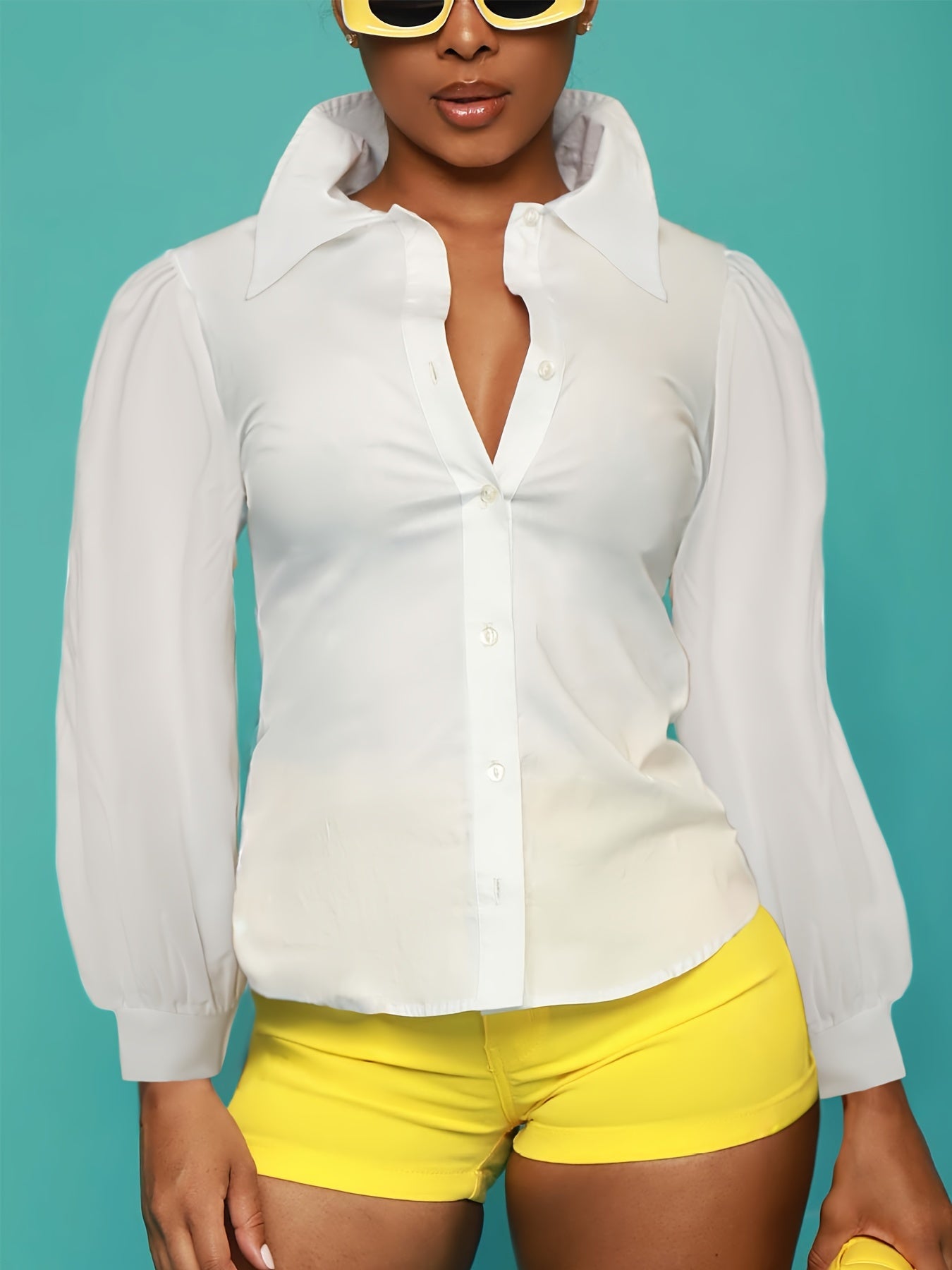 Solid Button Up Lantern Sleeve Blouse