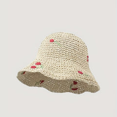 Ruffles Brim Vintage Sun Hat Cherry Crochet Straw Hat UV Protection