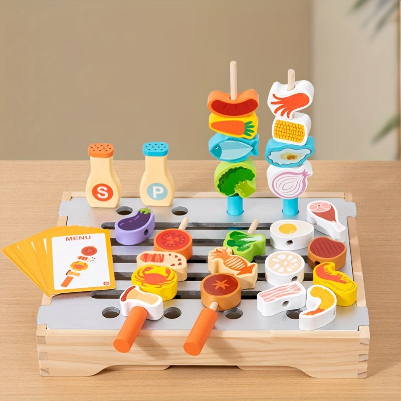 Wooden BBQ Grill Playset with Realistic Food Toys