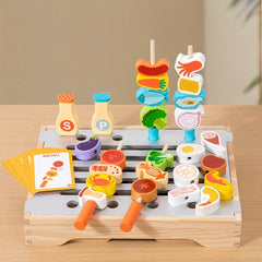 Wooden BBQ Grill Playset with Realistic Food Toys