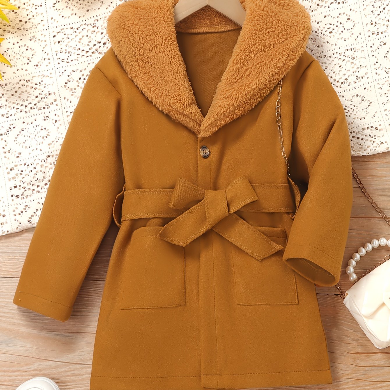 Girls' Stylish Fur Collar Jacket Belt Set for Autumn/Winter