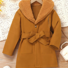 Girls' Stylish Fur Collar Jacket Belt Set for Autumn/Winter