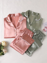 2 Sets Solid Satin Lounge Set Long Sleeve Buttons Top & Elastic Waistband Pants